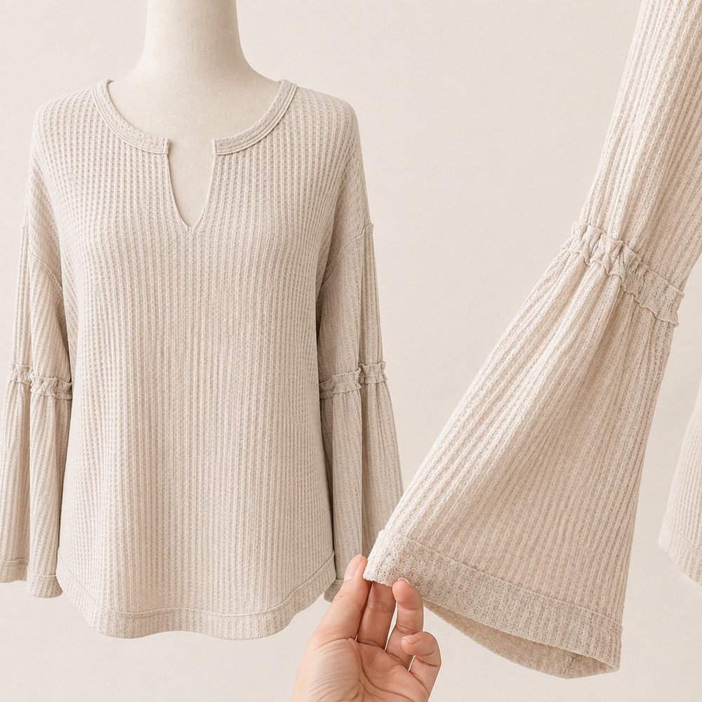 NWT Miss Love Beige Waffle Knit Top S Bell Sleeve Boho Peasant Neutral Soft Girl